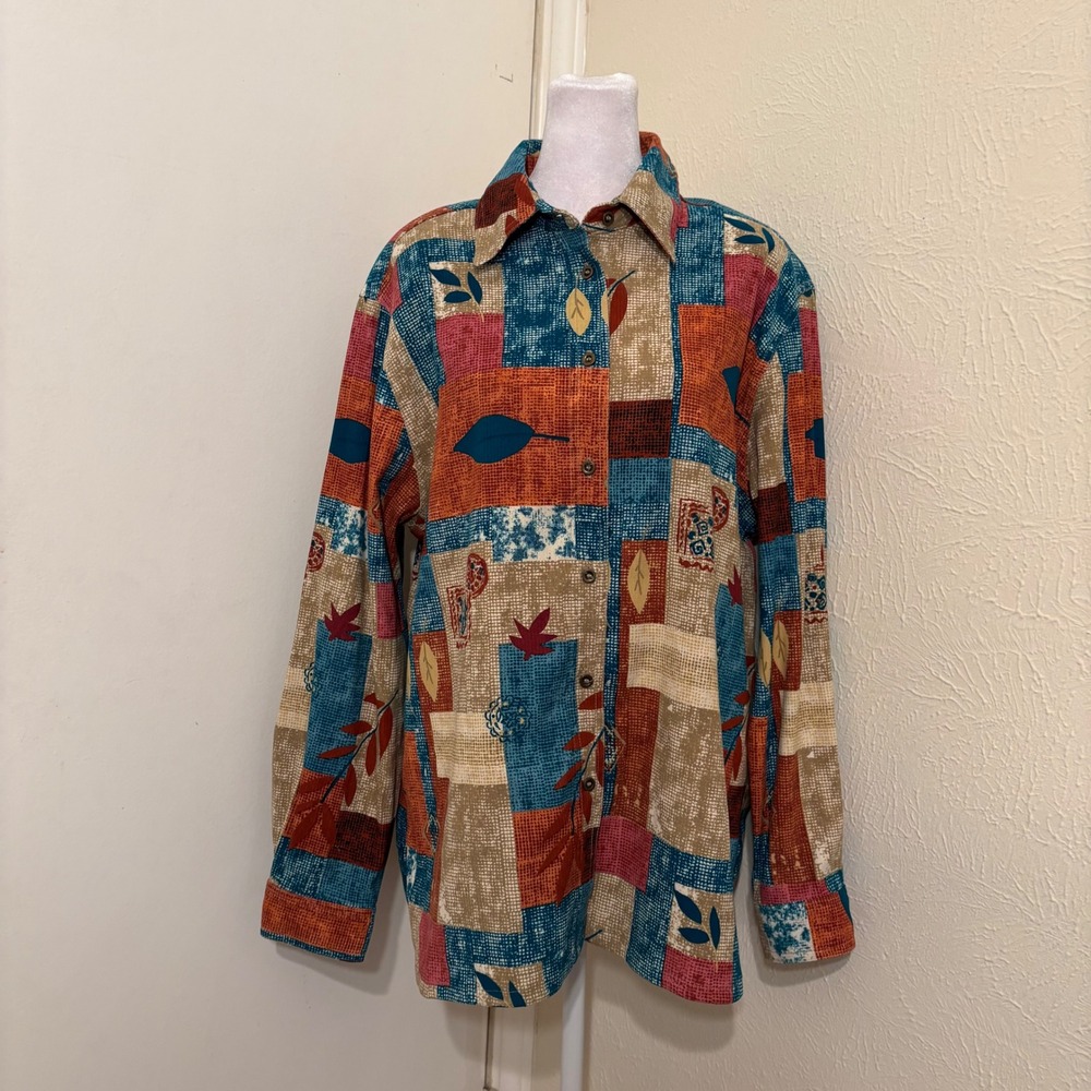 Fall Leaf Patchwork Rustic Tuscan Country Button Down Shirt Teal Orange Sz L